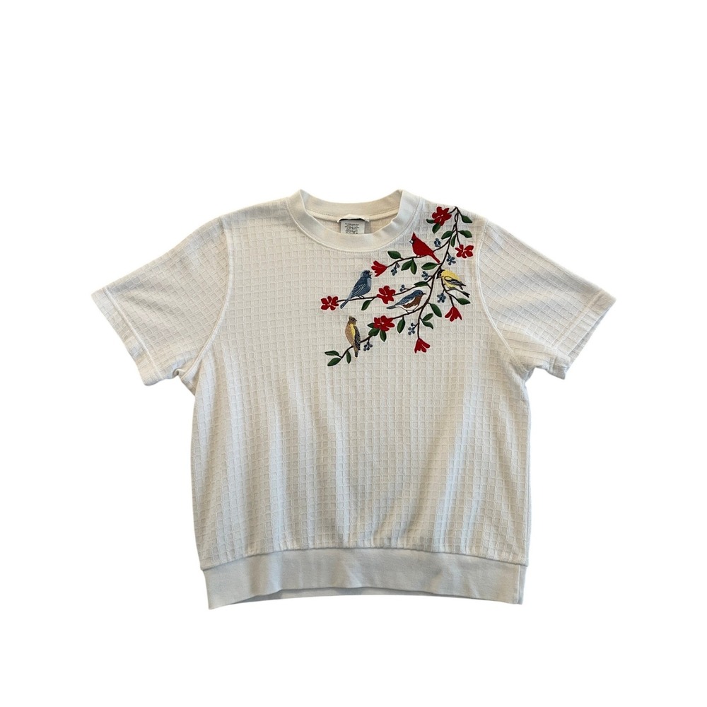 Vintage White Waffle Knit Embroidered Bird Floral Top XS Petite BonWorth